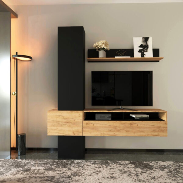 Living room Wendy set in oak-black color 195.1x37.3x219.1cm