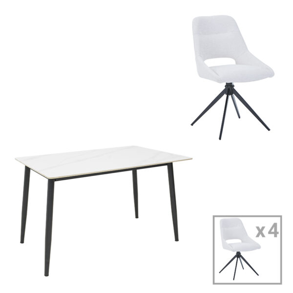 Dining table Gustas-Luciano I set of 5 pieces white marble-cream fabric 120x80x76cm