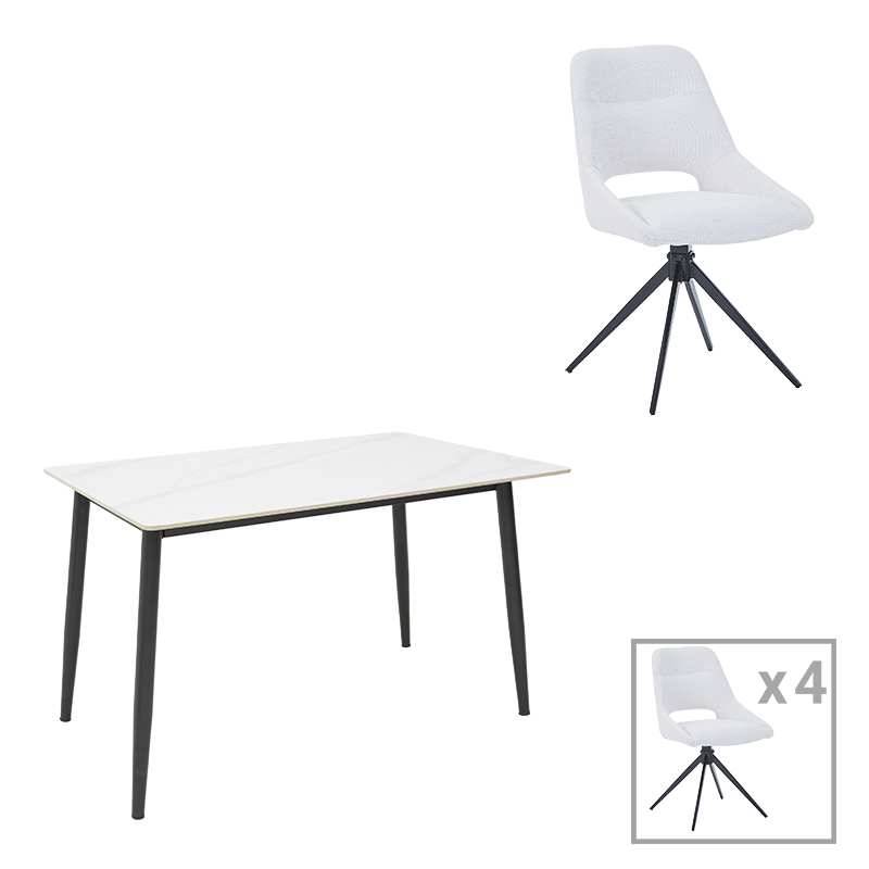 200-001305 Dining table Gustas-Luciano I set of 5 pieces white marble-cream fabric 120x80x76cm - Image 1
