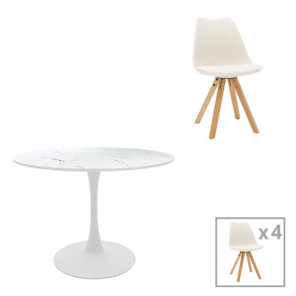 Dining table Balou-Caron set of 5 pcs pp-mdf in white-natural shade D100x73cm