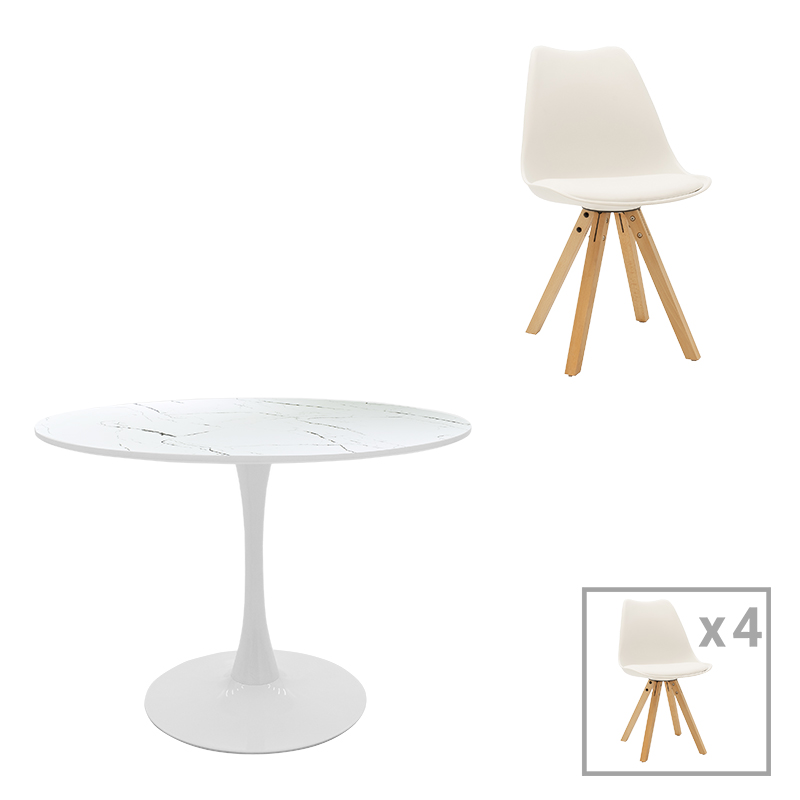 200-001403 Dining table Balou-Caron set of 5 pcs pp-mdf in white-natural shade D100x73cm - Image 1