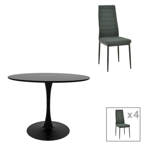 Dining table Balou-Parker set of 5 pcs black-fabric anthracite D100x73cm