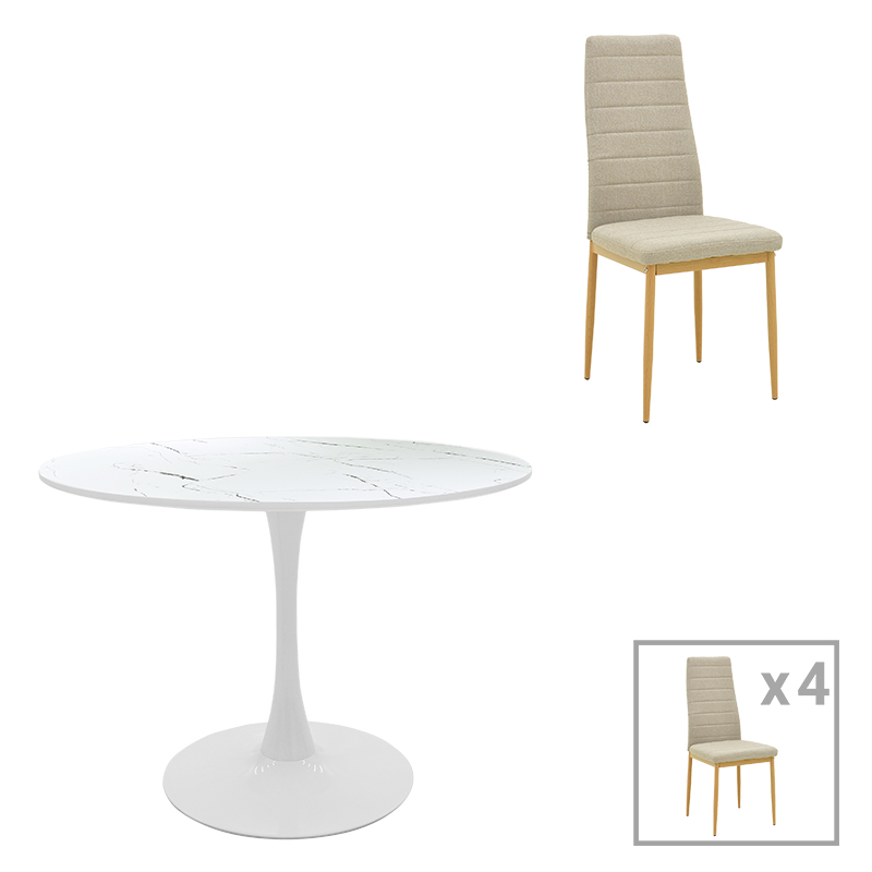 200-001411 Dining table Balou-Parker set of 5 pcs white-beige D120x73cm - Image 1
