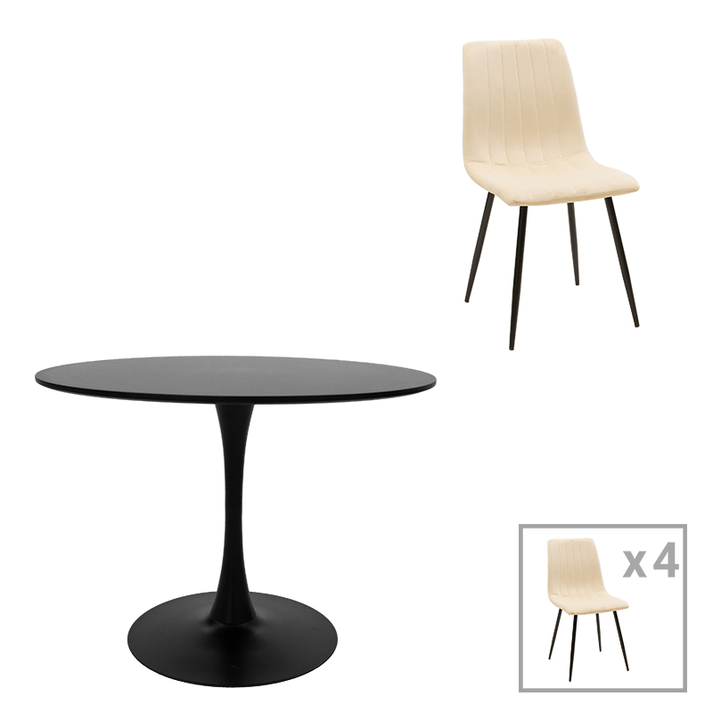 200-001416 Dining table Balou-Noor set of 5 MDF black-beige D100x73cm - Image 1