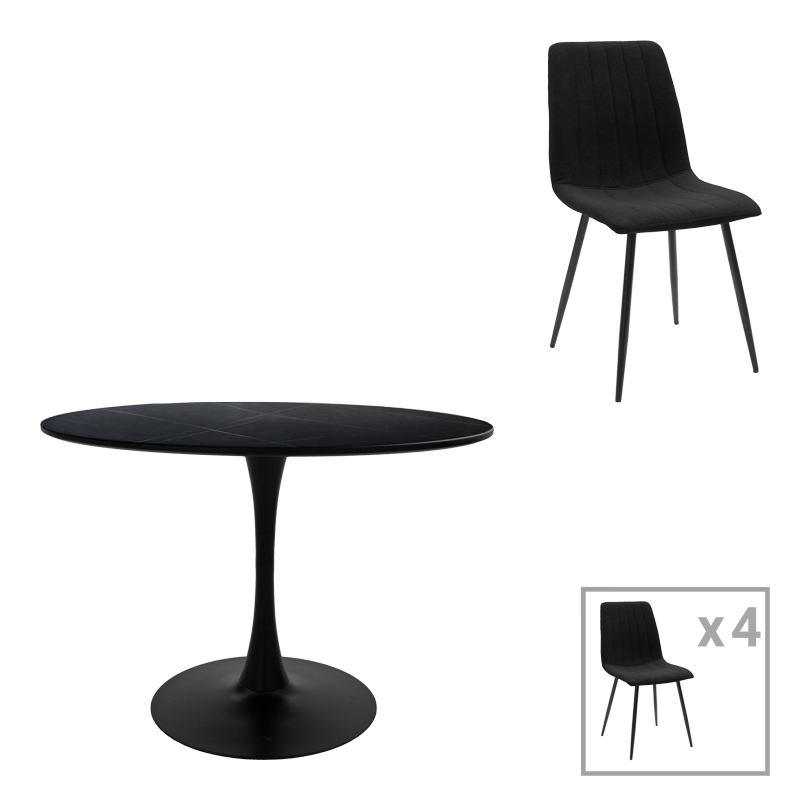 200-001424 Dining table Balou-Noor set of 5 MDF black-fabric black D100x73cm - Image 1
