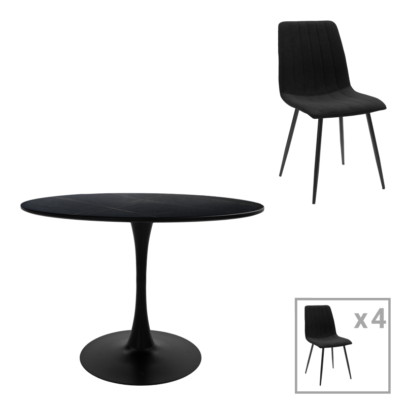 200-001425 Dining table Balou-Noor set of 5 MDF black-fabric black D120x73cm - Image 1