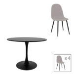 Bella-Balou dining table set of 5 pcs MDF black-grey fabric D100x73cm