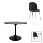 Dining table Balou-Maley set of 5 pcs MDF black-velvet anthracite D120x73cm