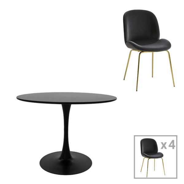 Dining table Balou-Maley set of 5 pcs MDF black-velvet anthracite D120x73cm