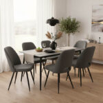 Gustas-Renish dining set 7pcs marble gray-boucle gray 160x80x75cm