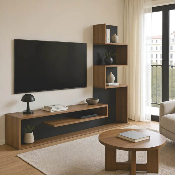 ТВ елемент Cazenda со полица за книги во даб и темно сива боја 160x29x126 см