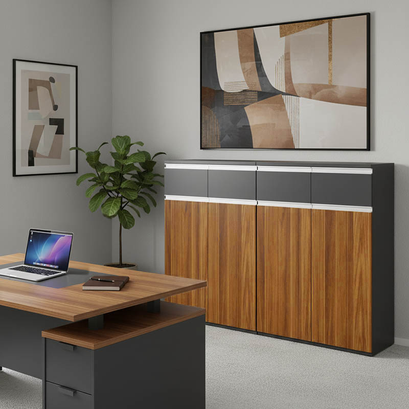 246-000037 Professional office cabinets Oscar walnut-anthracite 160x40x120cm - Слика 1