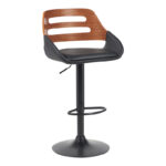 Fern folding-swivel bar stool black pu- walnut wood - black metal 50x48.5x89-110.5cm