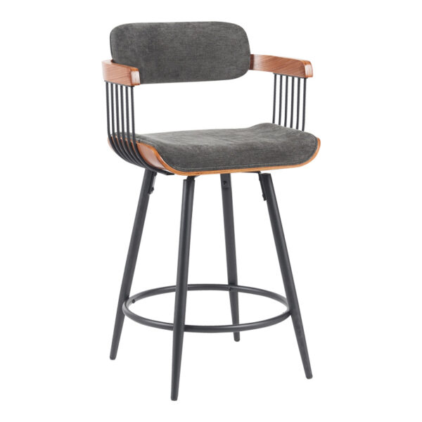 Rotating bar stool Cameo metal black-walnut wood-dark grey fabric 53x50x93cm