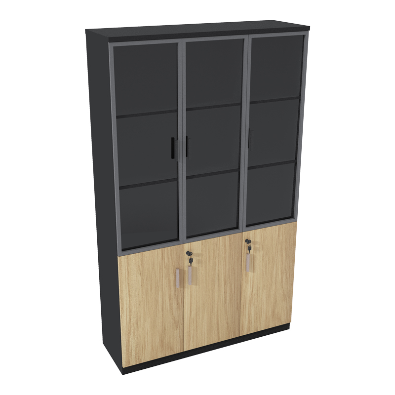 069-000108 Bookcase Lotus with glass and wood in natural - dark grey color 120x40x200cm - Image 1