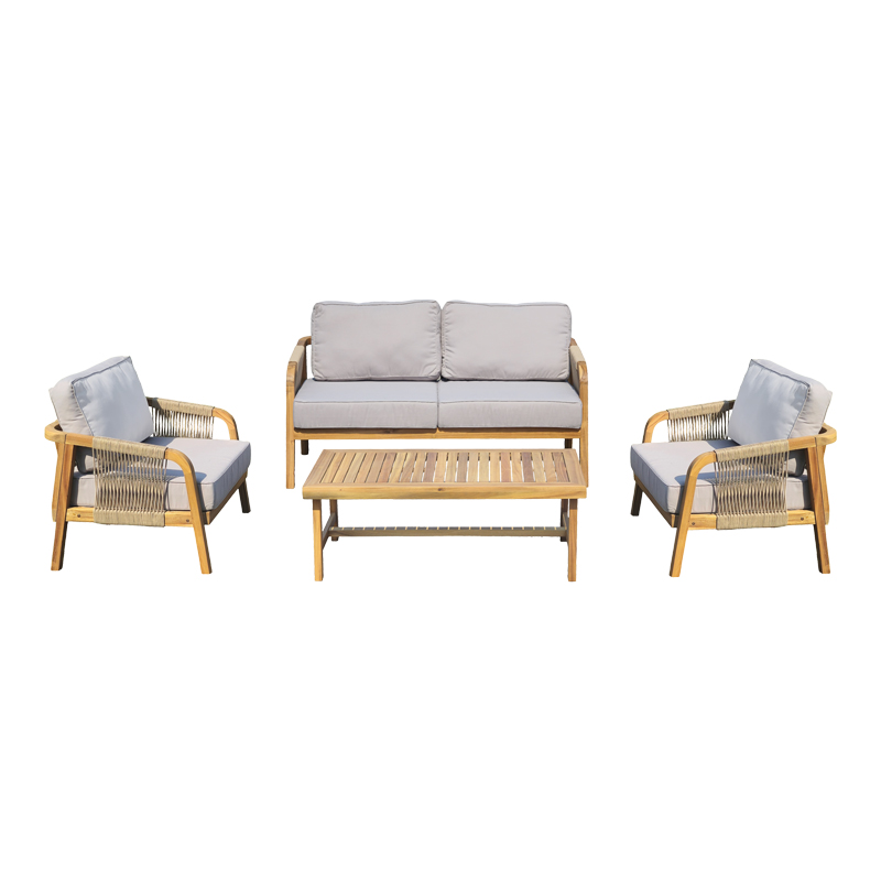 282-000062 Outdoor lounge set Malibu II acacia wood with rope in natural color and beige color cushions - Image 1