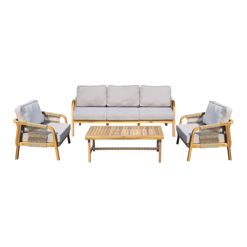 282-000063 Outdoor lounge set Malibu III acacia wood with rope in natural color and beige color cushions - Image 1