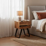 Imena bedside table solid Acacia wood in natural shade with black metal legs 45x35x56cm
