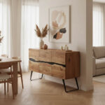 Imena Cabinet solid Acacia wood in natural shade with black metal legs 148x43.5x86cm