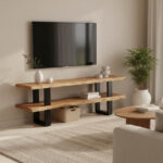 Fuji TV cabinet, solid acacia wood in a natural shade with black metal legs 140x40x52cm