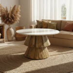 Coffee table Havai solid mango wood in natural shade and white marble surface D80x45cm