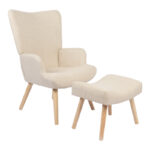 Armchair with footstool Gerlina cream fabric and legs in natural color 71x64x94cm