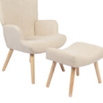 Armchair with footstool Gerlina cream fabric and legs in natural color 71x64x94cm - Image 6
