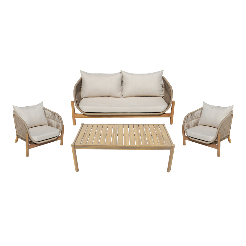 405-000001 Outdoor lounge set Lemanda acacia wood with rope -beige cushions - Слика 1