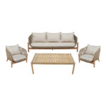 Outdoor lounge set Verilan acacia wood with rope and beige cushions