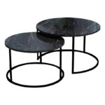 Solme coffee tables 2pcs black marble look with black metal legs - Image 2