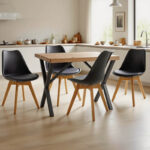 Dining Room with Gaston Chairs black and Zeryin oak Table 110x70x75cm Set of 5pcs