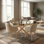 Dining Room with Safira Beige Armchairs and Antoro Glass Table D100x75cm Set of 5pcs