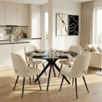 Dining Room with Renish White Chairs and Orbital Black Table D120x76cm Set of 5pcs