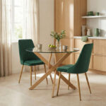 Dining Room with Azori Dark green Chairs and Antoro Glass Table D80x75cm Set of 3pcs