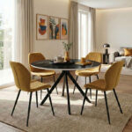Dining Room with Jelour Yellow Chairs and Orbital Black Table Φ120x76 Set of 5pcs