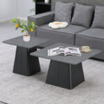 Square coffee tables set of 2 metal base in black-sintered stone in grey marble color