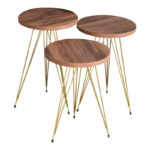 Side tables Wakmi 3 pieces set natural-gold metal leg