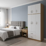 Three-door wardrobe with 2 drawers and loft Athos in oak-white color 90x42x240cm