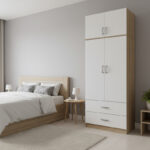 Two-door wardrobe with 2 drawers and loftAthos in oak-white color 80x42x240cm