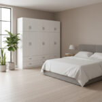Six-door wardrobe with drawers and loft Athos white 240x42x240cm