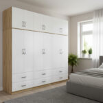 Six-door wardrobe with drawers and loft Athos sonoma-white 240x42x240cm