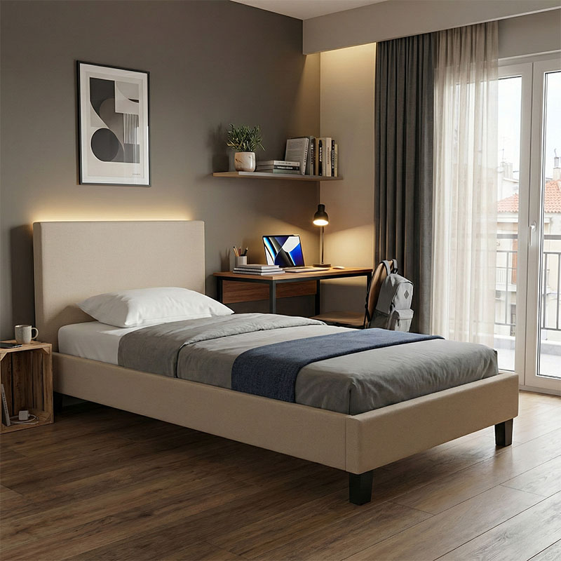 006-000065 Bed Nevil ecru pu-wooden black leg 90x190cm - Image 1