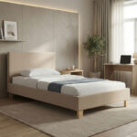 Bed Nevil ecru fabric-wooden natural color leg 100x200cm - Image 2