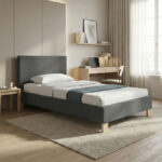 Bed Nevil anthracite fabric-wooden natural color leg 100x200cm