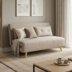 Josuane I sofa-bed two-seater beige fabric and natural wood leg 122x80x81cm