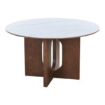 Dining table Merge sintered stone-mdf in marble white color - walnut base D130x75cm