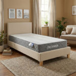 Bed with mattress Nevil-Dreamer fabric beige-natural legs 90x190cm