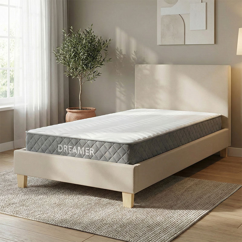 200-001470 Bed with mattress Nevil-Dreamer beige fabric-wooden leg in natural 100x200cm - Image 1