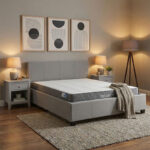 Bed with mattress and storage space Norse-Dreamer fabric grey 160x200cm
