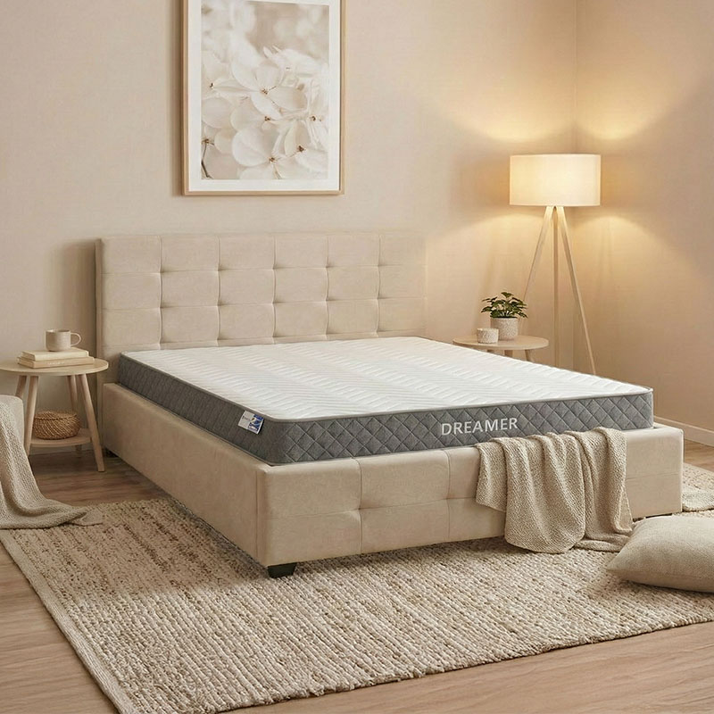 200-001496 Bed with mattress and storage space Roi-Dreamer fabric ecru 160x200cm - Слика 1